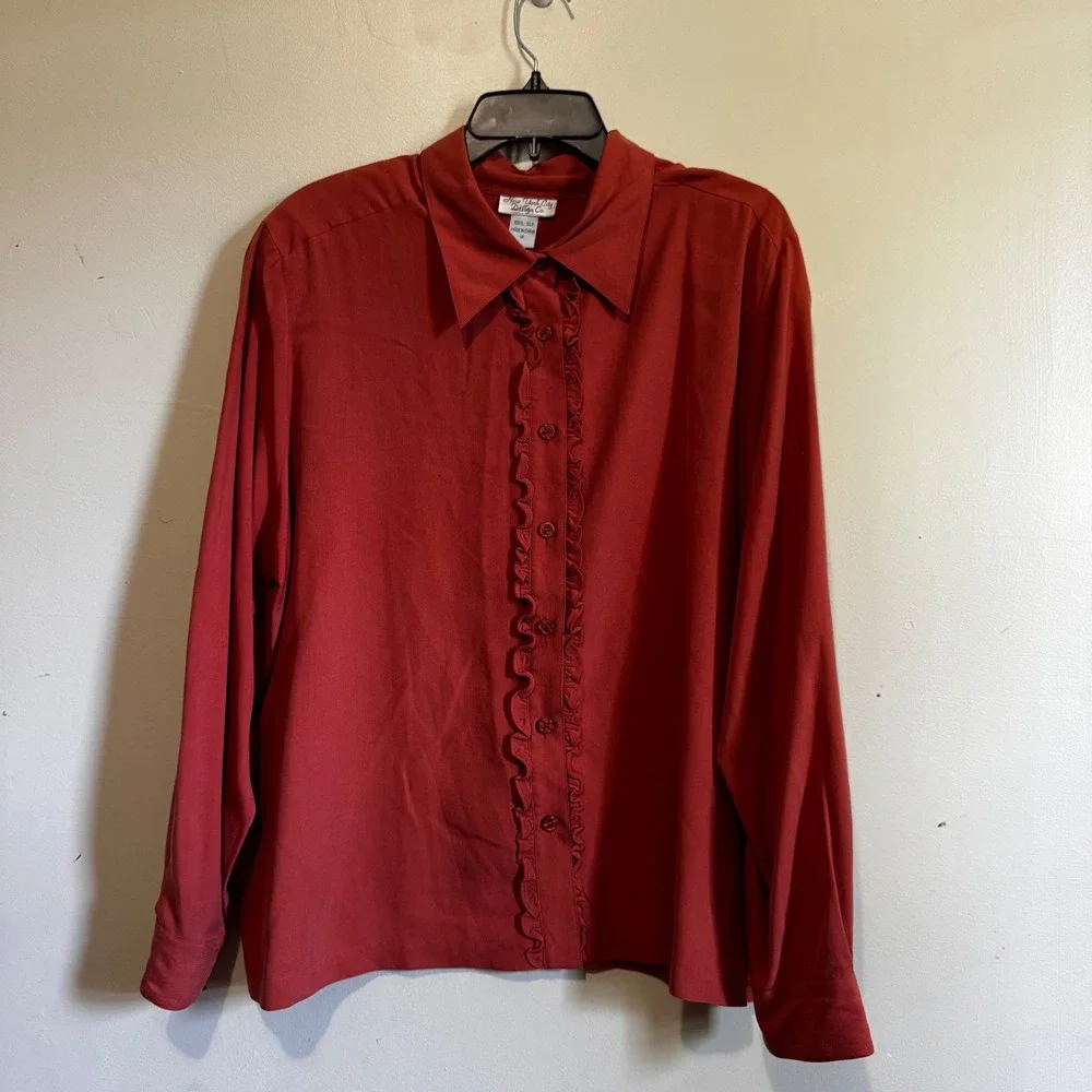 Women's 100% Silk Ruffle Front Button Down Shirt 18 VTG Y2K 90s Fairy Classic